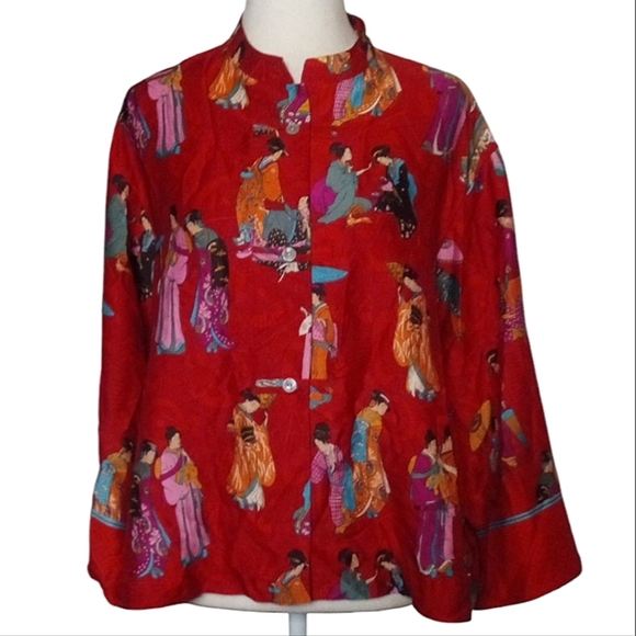 Natori Red Geisha Print Mandarin Collar Button Front Satin Blouse Size Medium - Picture 1 of 10